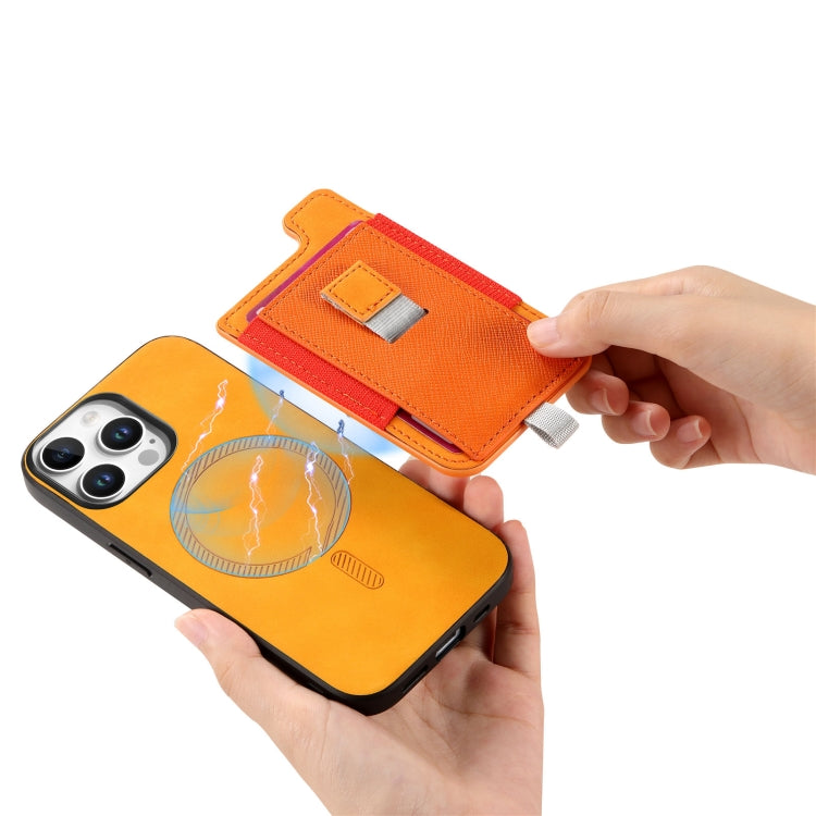 For iPhone 12 Pro Max Retro Magsafe Cross Leather Pull-Out Card Bag Back Phone Case(Yellow) - iPhone 12 Pro Max Cases by buy2fix | Online Shopping UK | buy2fix