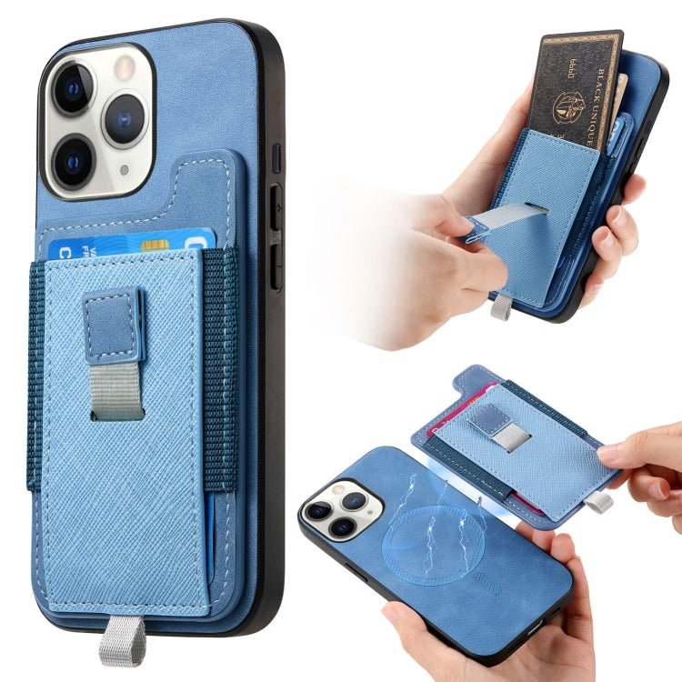 For iPhone 11 Pro Max Retro Magsafe Cross Leather Pull-Out Card Bag Back Phone Case(Blue) - iPhone 11 Pro Max Cases by buy2fix | Online Shopping UK | buy2fix