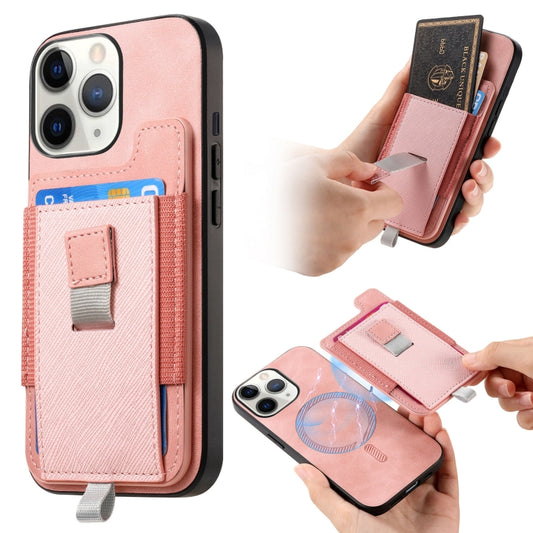 For iPhone 11 Pro Max Retro Magsafe Cross Leather Pull-Out Card Bag Back Phone Case(Pink) - iPhone 11 Pro Max Cases by buy2fix | Online Shopping UK | buy2fix
