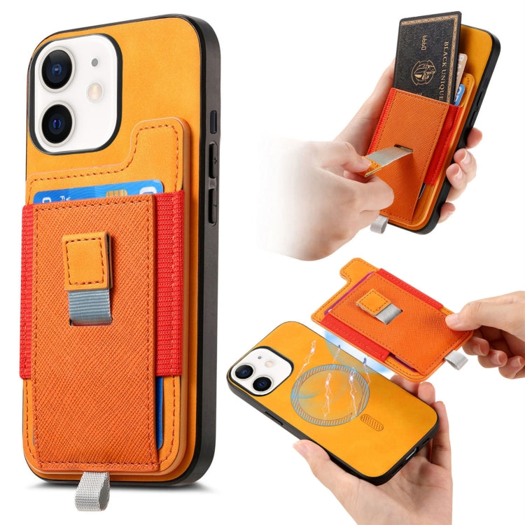 For iPhone 11 Retro Magsafe Cross Leather Pull-Out Card Bag Back Phone Case(Yellow) - iPhone 11 Cases by buy2fix | Online Shopping UK | buy2fix