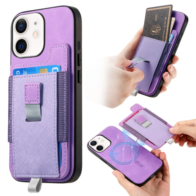 For iPhone 11 Retro Magsafe Cross Leather Pull-Out Card Bag Back Phone Case(Purple) - iPhone 11 Cases by buy2fix | Online Shopping UK | buy2fix