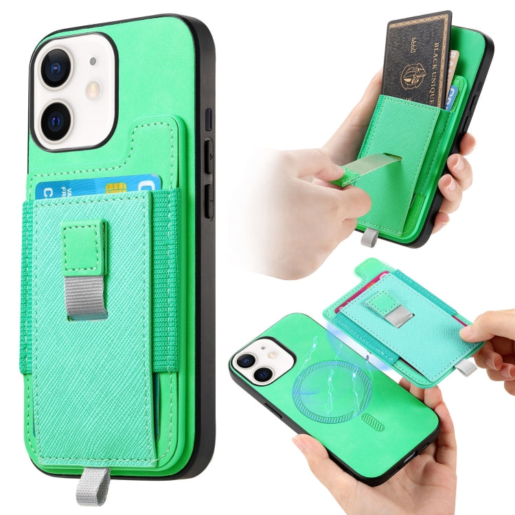 For iPhone 11 Retro Magsafe Cross Leather Pull-Out Card Bag Back Phone Case(Green) - iPhone 11 Cases by buy2fix | Online Shopping UK | buy2fix