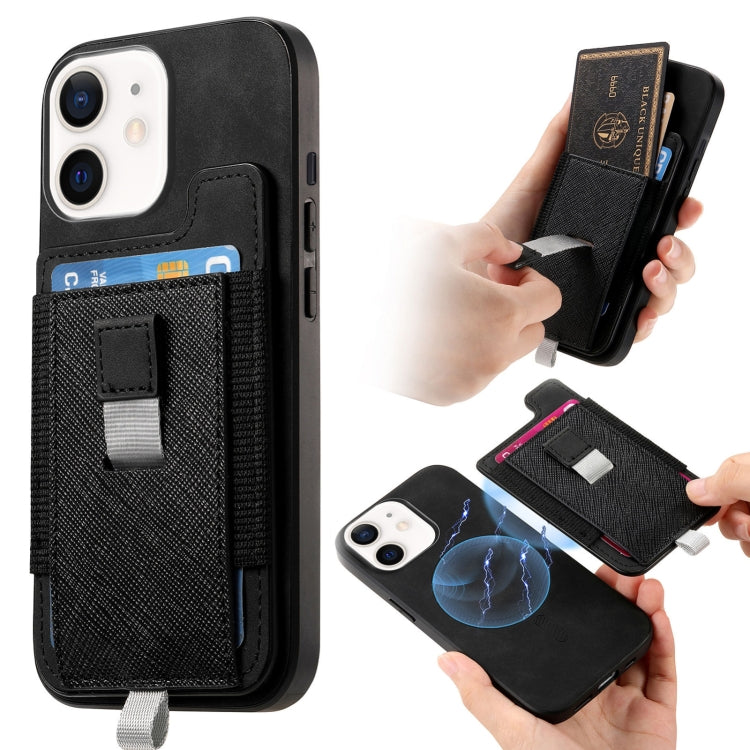 For iPhone 11 Retro Magsafe Cross Leather Pull-Out Card Bag Back Phone Case(Black) - iPhone 11 Cases by buy2fix | Online Shopping UK | buy2fix