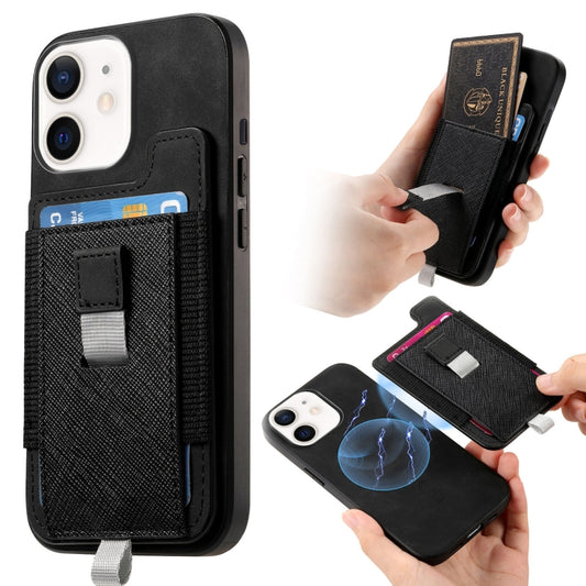 For iPhone 11 Retro Magsafe Cross Leather Pull-Out Card Bag Back Phone Case(Black) - iPhone 11 Cases by buy2fix | Online Shopping UK | buy2fix