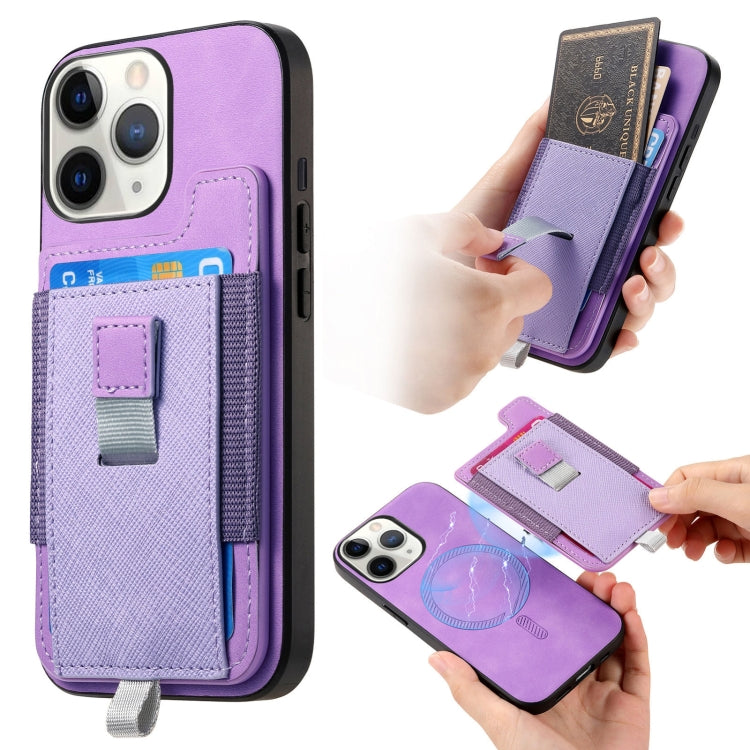 For iPhone 11 Pro Retro Magsafe Cross Leather Pull-Out Card Bag Back Phone Case(Purple) - iPhone 11 Pro Cases by buy2fix | Online Shopping UK | buy2fix