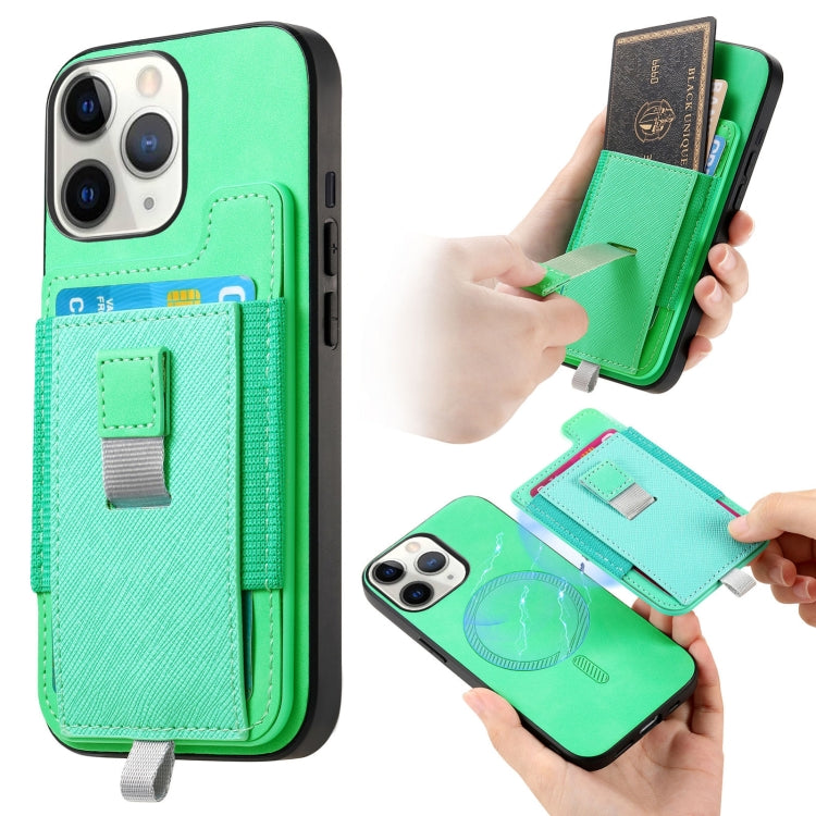 For iPhone 11 Pro Retro Magsafe Cross Leather Pull-Out Card Bag Back Phone Case(Green) - iPhone 11 Pro Cases by buy2fix | Online Shopping UK | buy2fix