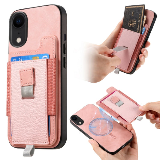 For iPhone XR Retro Magsafe Cross Leather Pull-Out Card Bag Back Phone Case(Pink) - More iPhone Cases by buy2fix | Online Shopping UK | buy2fix