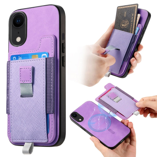 For iPhone XR Retro Magsafe Cross Leather Pull-Out Card Bag Back Phone Case(Purple) - More iPhone Cases by buy2fix | Online Shopping UK | buy2fix
