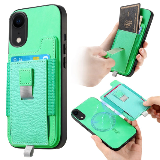 For iPhone XR Retro Magsafe Cross Leather Pull-Out Card Bag Back Phone Case(Green) - More iPhone Cases by buy2fix | Online Shopping UK | buy2fix