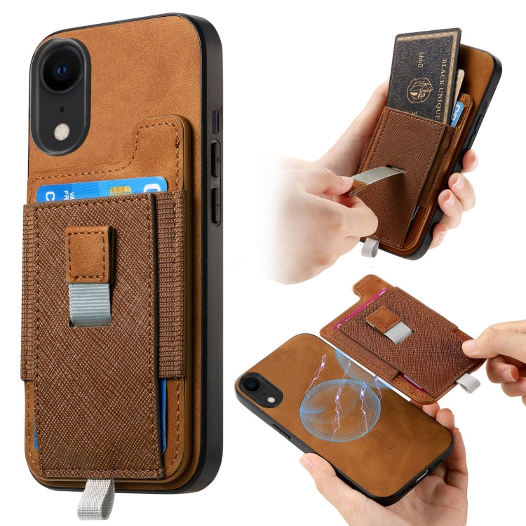 For iPhone XR Retro Magsafe Cross Leather Pull-Out Card Bag Back Phone Case(Brown) - More iPhone Cases by buy2fix | Online Shopping UK | buy2fix