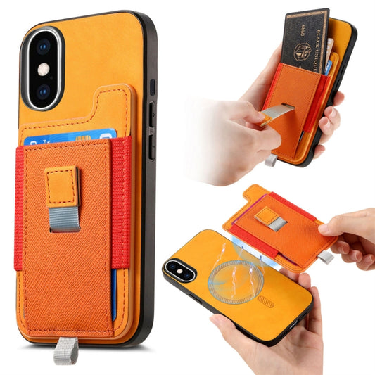 For iPhone XS Max Retro Magsafe Cross Leather Pull-Out Card Bag Back Phone Case(Yellow) - More iPhone Cases by buy2fix | Online Shopping UK | buy2fix
