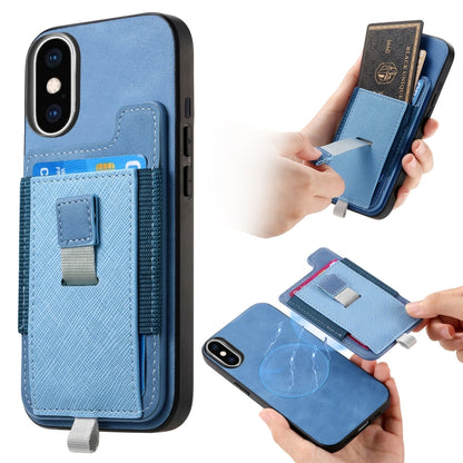 For iPhone XS Max Retro Magsafe Cross Leather Pull-Out Card Bag Back Phone Case(Blue) - More iPhone Cases by buy2fix | Online Shopping UK | buy2fix