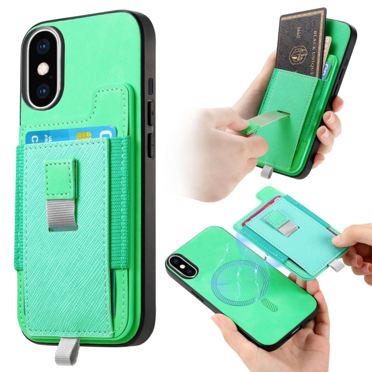 For iPhone XS Max Retro Magsafe Cross Leather Pull-Out Card Bag Back Phone Case(Green) - More iPhone Cases by buy2fix | Online Shopping UK | buy2fix