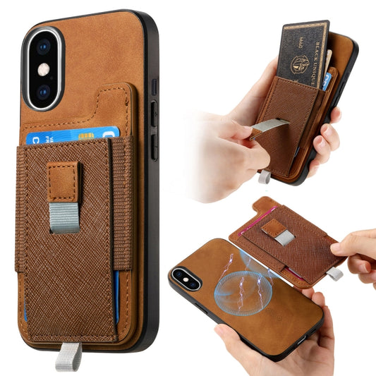 For iPhone XS Max Retro Magsafe Cross Leather Pull-Out Card Bag Back Phone Case(Brown) - More iPhone Cases by buy2fix | Online Shopping UK | buy2fix
