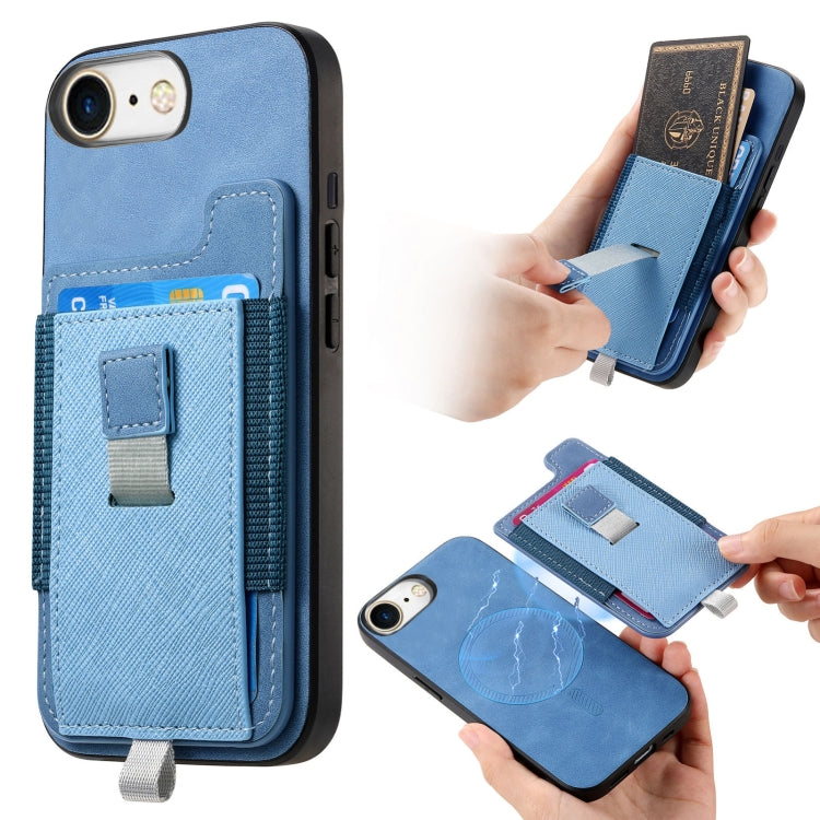 For iPhone 7 / 8 / SE 2022 Retro Magsafe Cross Leather Pull-Out Card Bag Back Phone Case(Blue) - iPhone SE 2022 / 2020 / 8 / 7 Cases by buy2fix | Online Shopping UK | buy2fix