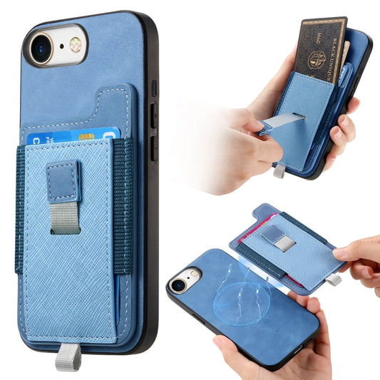 For iPhone 7 / 8 / SE 2022 Retro Magsafe Cross Leather Pull-Out Card Bag Back Phone Case(Blue) - iPhone SE 2022 / 2020 / 8 / 7 Cases by buy2fix | Online Shopping UK | buy2fix