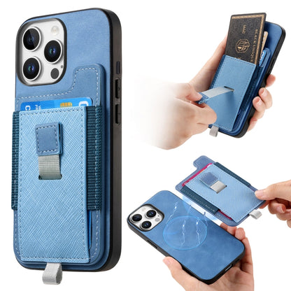 For iPhone 12 / 12 Pro Retro Magsafe Cross Leather Pull-Out Card Bag Back Phone Case(Blue) - iPhone 12 / 12 Pro Cases by buy2fix | Online Shopping UK | buy2fix