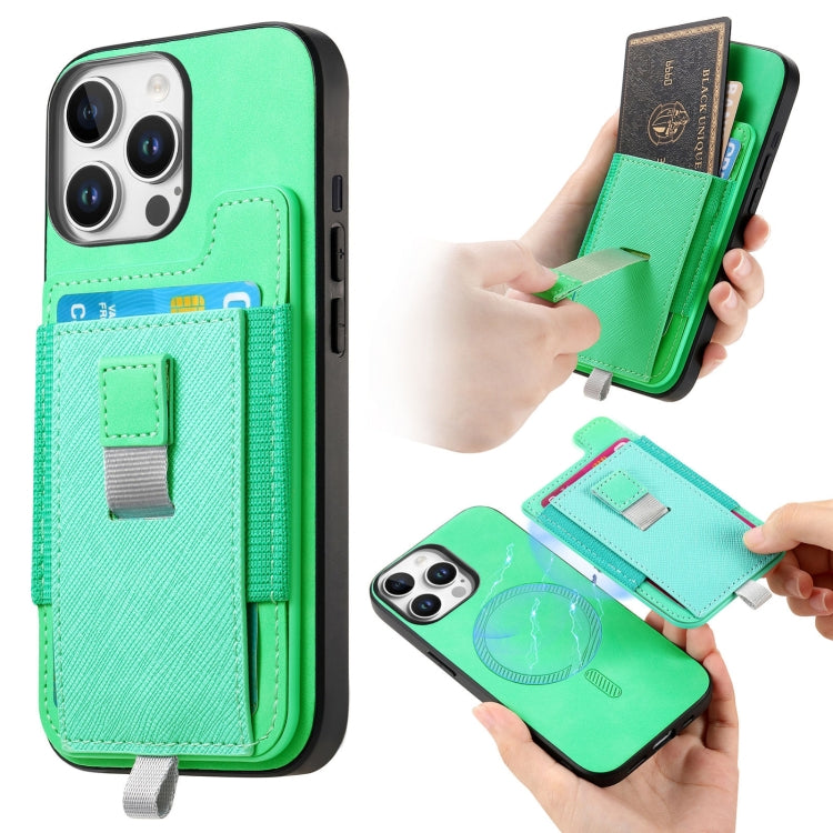 For iPhone 12 / 12 Pro Retro Magsafe Cross Leather Pull-Out Card Bag Back Phone Case(Green) - iPhone 12 / 12 Pro Cases by buy2fix | Online Shopping UK | buy2fix