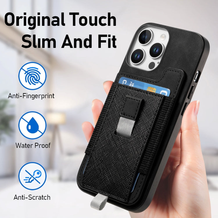 For iPhone 12 / 12 Pro Retro Magsafe Cross Leather Pull-Out Card Bag Back Phone Case(Black) - iPhone 12 / 12 Pro Cases by buy2fix | Online Shopping UK | buy2fix