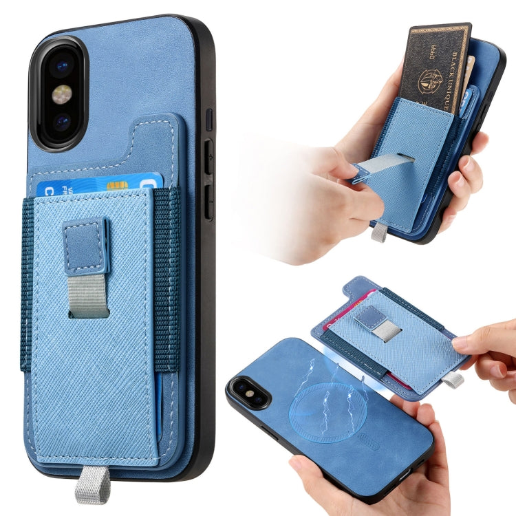 For iPhone X / XS Retro Magsafe Cross Leather Pull-Out Card Bag Back Phone Case(Blue) - More iPhone Cases by buy2fix | Online Shopping UK | buy2fix