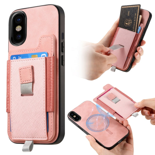 For iPhone X / XS Retro Magsafe Cross Leather Pull-Out Card Bag Back Phone Case(Pink) - More iPhone Cases by buy2fix | Online Shopping UK | buy2fix