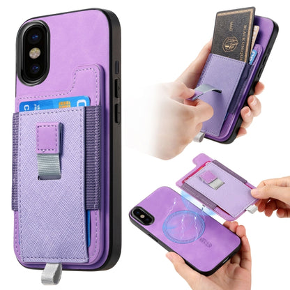 For iPhone X / XS Retro Magsafe Cross Leather Pull-Out Card Bag Back Phone Case(Purple) - More iPhone Cases by buy2fix | Online Shopping UK | buy2fix