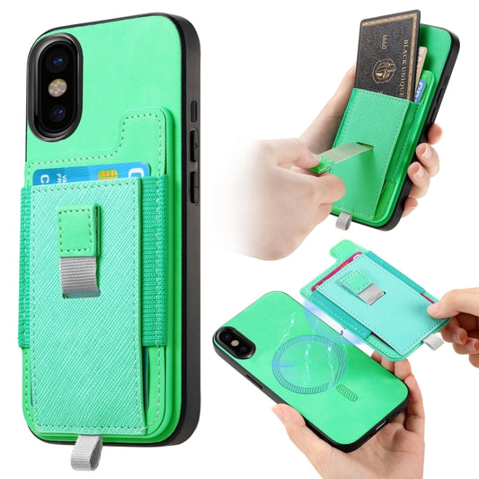 For iPhone X / XS Retro Magsafe Cross Leather Pull-Out Card Bag Back Phone Case(Green) - More iPhone Cases by buy2fix | Online Shopping UK | buy2fix