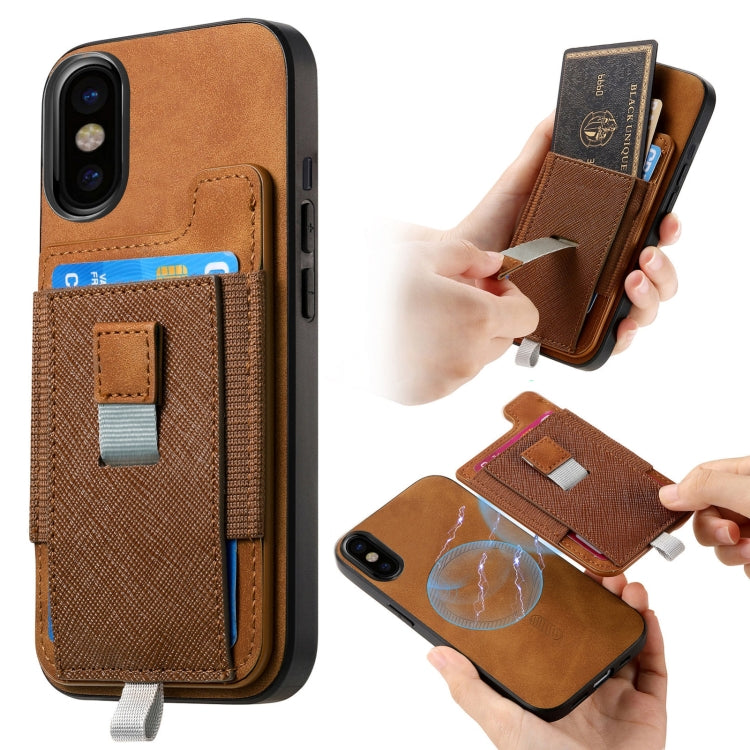 For iPhone X / XS Retro Magsafe Cross Leather Pull-Out Card Bag Back Phone Case(Brown) - More iPhone Cases by buy2fix | Online Shopping UK | buy2fix