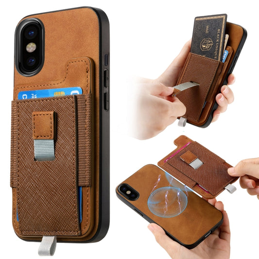 For iPhone X / XS Retro Magsafe Cross Leather Pull-Out Card Bag Back Phone Case(Brown) - More iPhone Cases by buy2fix | Online Shopping UK | buy2fix
