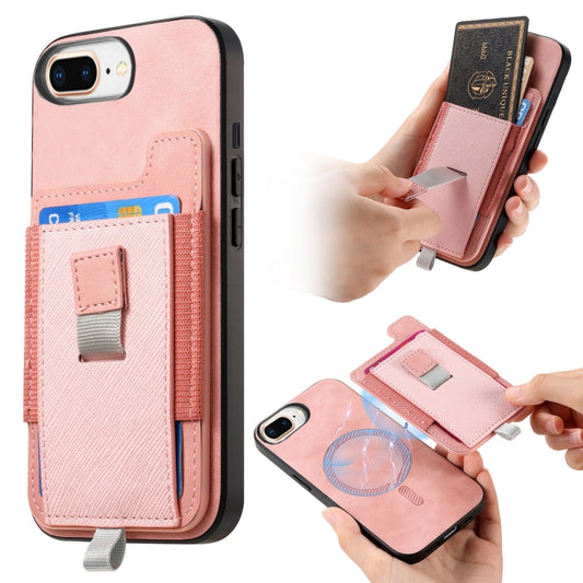 For iPhone 7 Plus / 8 Plus Retro Magsafe Cross Leather Pull-Out Card Bag Back Phone Case(Pink) - More iPhone Cases by buy2fix | Online Shopping UK | buy2fix