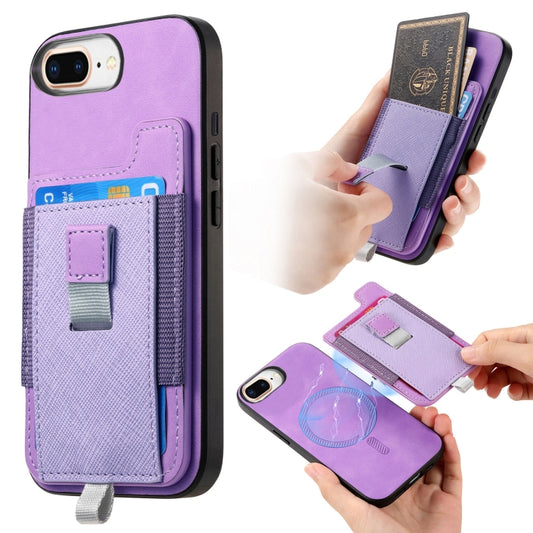 For iPhone 7 Plus / 8 Plus Retro Magsafe Cross Leather Pull-Out Card Bag Back Phone Case(Purple) - More iPhone Cases by buy2fix | Online Shopping UK | buy2fix
