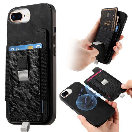 For iPhone 7 Plus / 8 Plus Retro Magsafe Cross Leather Pull-Out Card Bag Back Phone Case(Black) - More iPhone Cases by buy2fix | Online Shopping UK | buy2fix