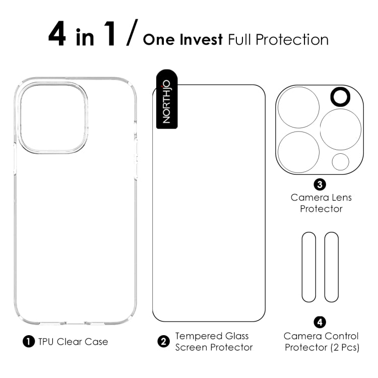 For iPhone 16 Pro NORTHJO 4 in 1 TPU Phone Case with Screen Film and Lens Film and Camera Control Button Cover(Clear) by NORTHJO
