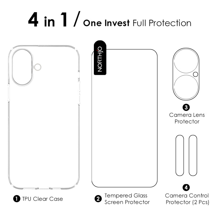 For iPhone 16 Plus NORTHJO 4 in 1 TPU Phone Case with Screen Film and Lens Film and Camera Control Button Cover(Clear) by NORTHJO