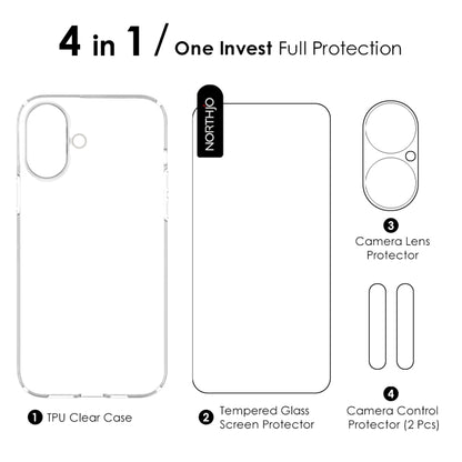 For iPhone 16 Plus NORTHJO 4 in 1 TPU Phone Case with Screen Film and Lens Film and Camera Control Button Cover(Clear) by NORTHJO