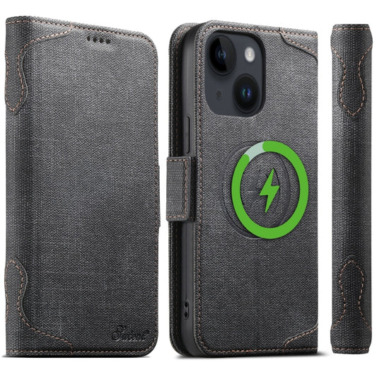 For iPhone 15 Plus Suteni J07 Multi-functional Horizontal MagSafe Denim Leather Phone Case(Black) - iPhone 15 Plus Cases by Suteni | Online Shopping UK | buy2fix