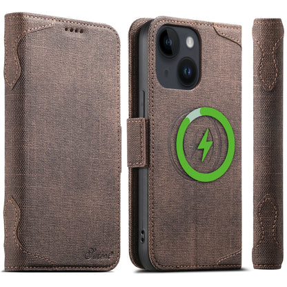 For iPhone 14 Plus Suteni J07 Multi-functional Horizontal MagSafe Denim Leather Phone Case(Brown) - iPhone 14 Plus Cases by Suteni | Online Shopping UK | buy2fix