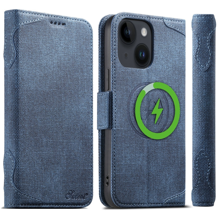For iPhone 14 Plus Suteni J07 Multi-functional Horizontal MagSafe Denim Leather Phone Case(Blue) - iPhone 14 Plus Cases by Suteni | Online Shopping UK | buy2fix