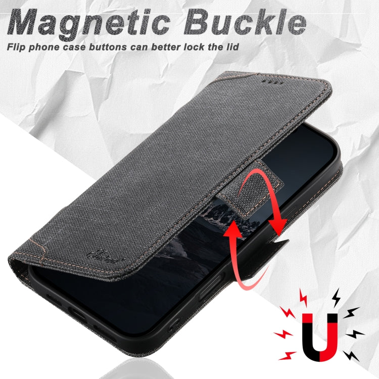 For iPhone 14 Pro Max Suteni J07 Multi-functional Horizontal MagSafe Denim Leather Phone Case(Black) - iPhone 14 Pro Max Cases by Suteni | Online Shopping UK | buy2fix