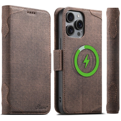 For iPhone 14 Pro Max Suteni J07 Multi-functional Horizontal MagSafe Denim Leather Phone Case(Brown) - iPhone 14 Pro Max Cases by Suteni | Online Shopping UK | buy2fix