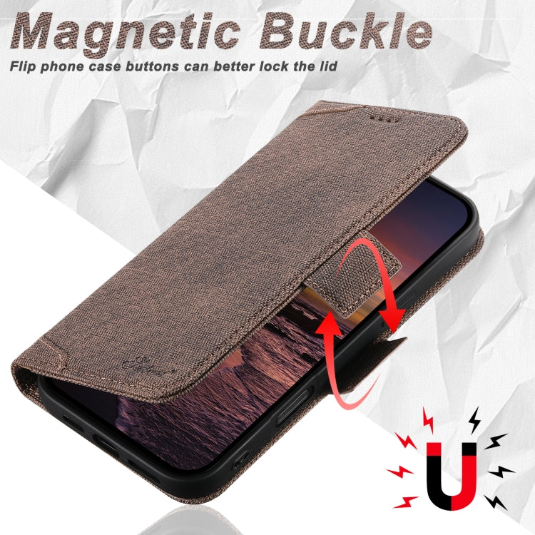 For iPhone 14 Pro Max Suteni J07 Multi-functional Horizontal MagSafe Denim Leather Phone Case(Brown) - iPhone 14 Pro Max Cases by Suteni | Online Shopping UK | buy2fix