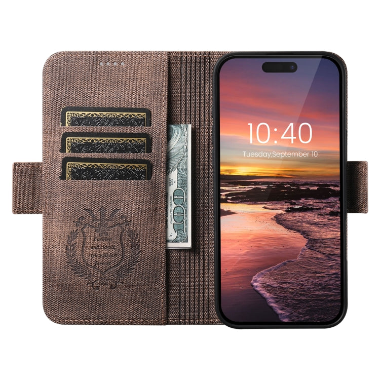 For iPhone 14 Pro Max Suteni J07 Multi-functional Horizontal MagSafe Denim Leather Phone Case(Brown) - iPhone 14 Pro Max Cases by Suteni | Online Shopping UK | buy2fix