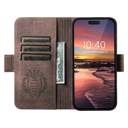 For iPhone 14 Pro Max Suteni J07 Multi-functional Horizontal MagSafe Denim Leather Phone Case(Brown) - iPhone 14 Pro Max Cases by Suteni | Online Shopping UK | buy2fix