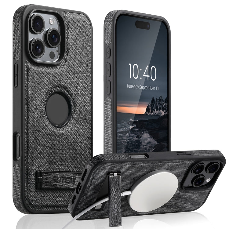 For iPhone 16 Suteni G2 Holder Denim Leather Back MagSafe Phone Case(Black) - iPhone 16 Cases by Suteni | Online Shopping UK | buy2fix