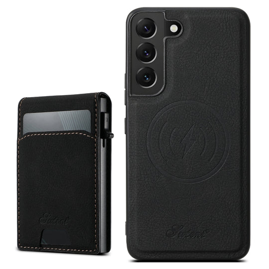 For Samsung Galaxy S24+ 5G Suteni H19 Litchi Texture 2-in-1 MagSafe Removable Card Case Back Phone Case(Black)
