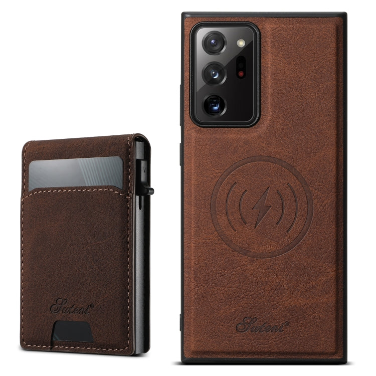 For Samsung Galaxy Note20 5G Suteni H19 Litchi Texture 2-in-1 MagSafe Removable Card Case Back Phone Case(Brown) - Galaxy Note20 Cases by Suteni | Online Shopping UK | buy2fix