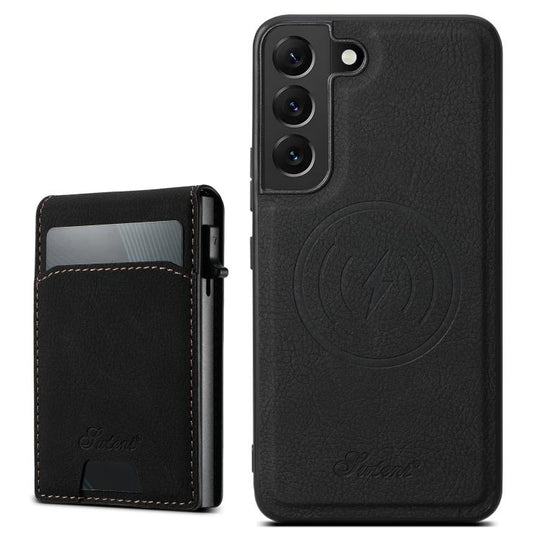 For Samsung Galaxy S25+ 5G Suteni H19 Litchi Texture 2-in-1 MagSafe Removable Card Case Back Phone Case(Black)