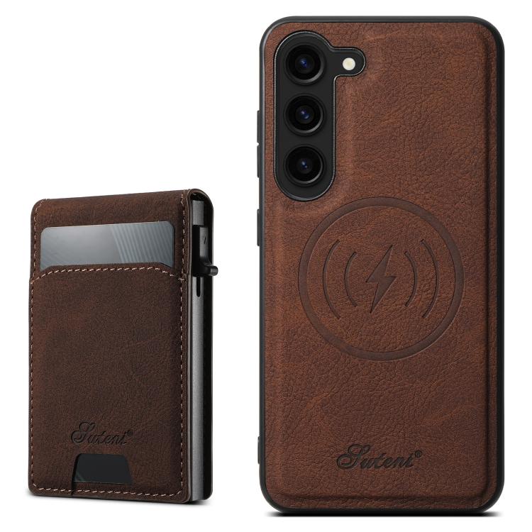 For Samsung Galaxy S25+ 5G Suteni H19 Litchi Texture 2-in-1 MagSafe Removable Card Case Back Phone Case(Brown) - Galaxy S25+ 5G Cases by Suteni | Online Shopping UK | buy2fix