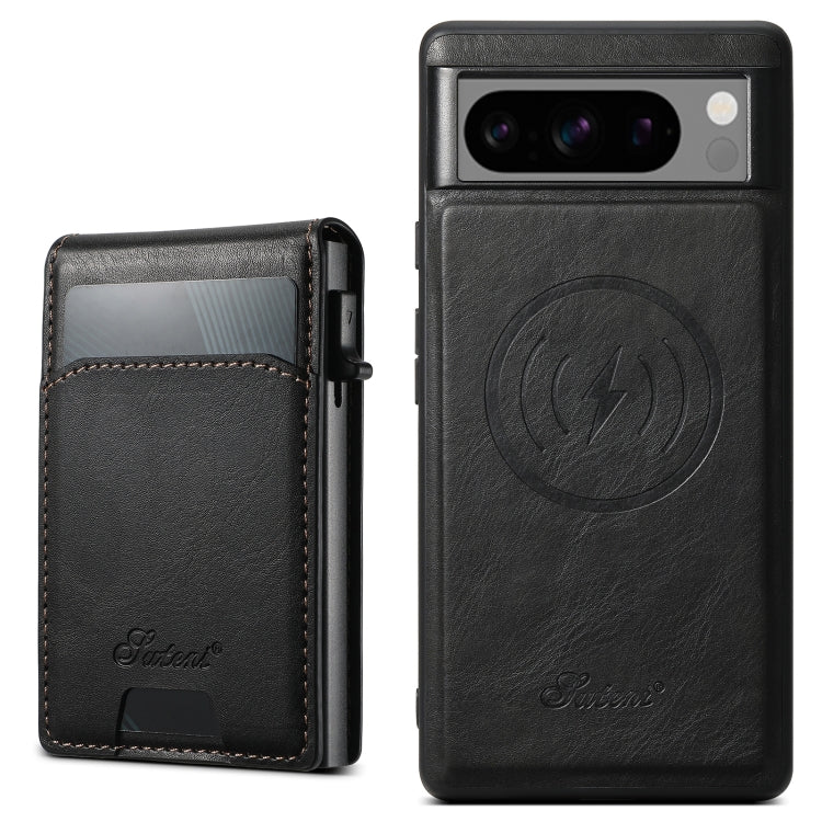 For Google Pixel 8 Suteni H19 Oil Wax 2-in-1 MagSafe Removable Card Box Back Phone Case(Black) - Google Cases by Suteni | Online Shopping UK | buy2fix