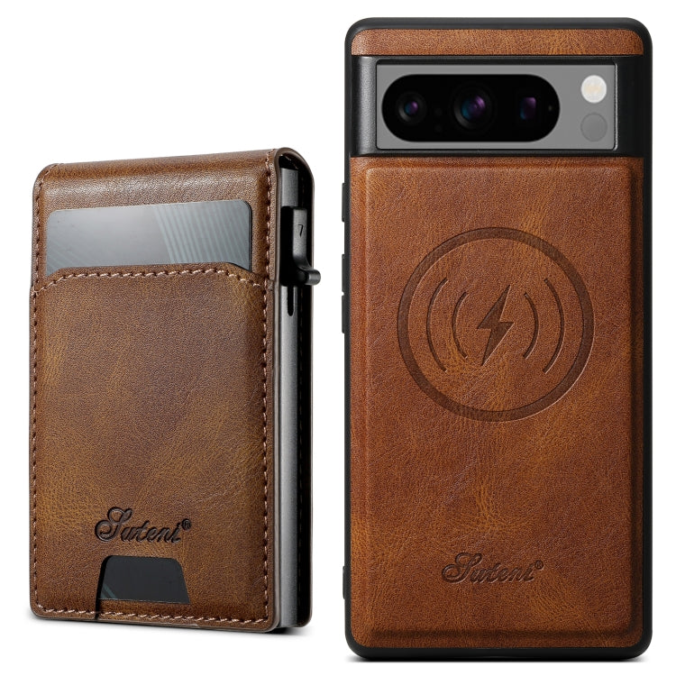 For Google Pixel 8 Pro Suteni H19 Oil Wax 2-in-1 MagSafe Removable Card Box Back Phone Case(Brown) - Google Cases by Suteni | Online Shopping UK | buy2fix